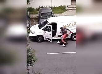 A thief tries to steal a delivery van but is caught by the driver