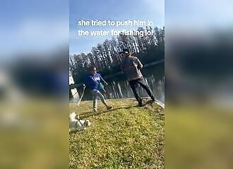 Karen tries to push a man into a lake and fails miserably