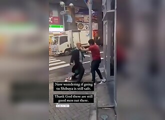 caped like a wizard, he saves a girl with his fists