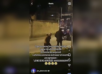 Prise en flag en train d'arracher des affiches du RN, elle sort la bombe lacrymo et crie à l'agression