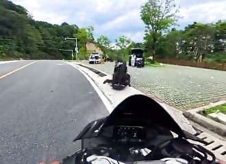 Il freine pour entrer dans un parking, sa roue avant se bloque et il finit à l'envers