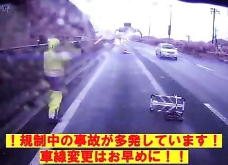 Truck plows into construction site on Japanese highway